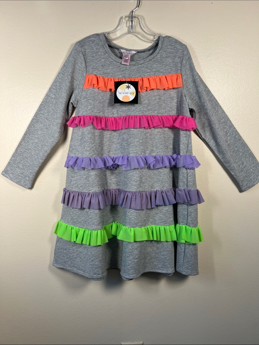 NWT Halabaloo Gray Ruffle Stripe Kids Dress with Neon Accents Sz.7